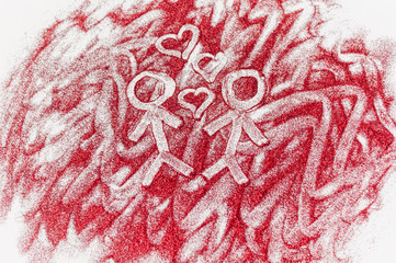 Men drawn with hearts on red glitter on a white background