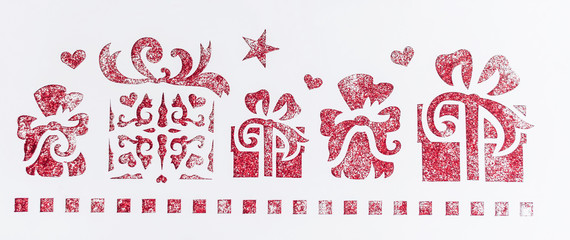 Stencil with gifts on a white background. Texture for design cards and invitations