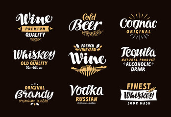 Menu bar, icons set. Labels of alcoholic drinks such as wine, beer, cognac, brandy, whiskey, tequila, vodka. Symbols, vector illustration
