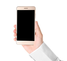 Male hand holding phone on white background