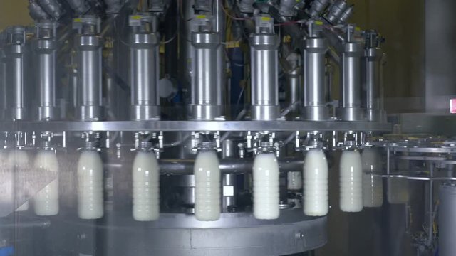 Plastic bottles filling with milk. Milk and milk products production line. 4K.