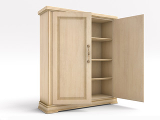 wood big white open cupboard; 3d illustration