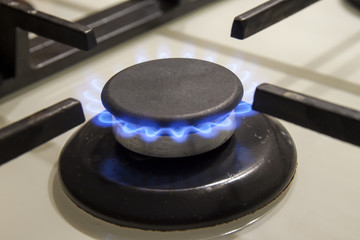 Burning gas stove hob blue flames close up in the dark on a blac