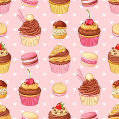 Cupcakes, macaroons, pastries and hearts seamless vector pattern on pink background. St.Valentines Day romantic decoration.