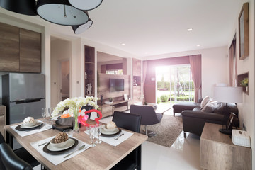 Beautiful room interior with hardwood floors and view of new lux