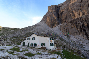 Alpine hut Rifugio Carducci and Sexten Dolomites mountains in South Tyrol, Italy
