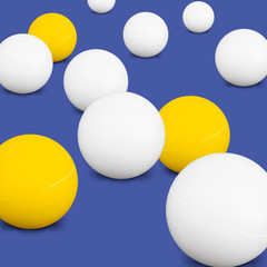 Ping Pong Balls. White And Yellow 3d Green Ball With Shadow On Blue Background. Thing Of The Popular Game Table Tennis. Vector Illustration