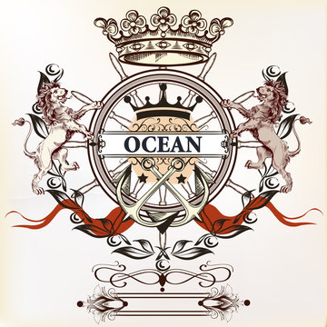 Nautical logotype or label with anchor, lions and crown. Ideal f