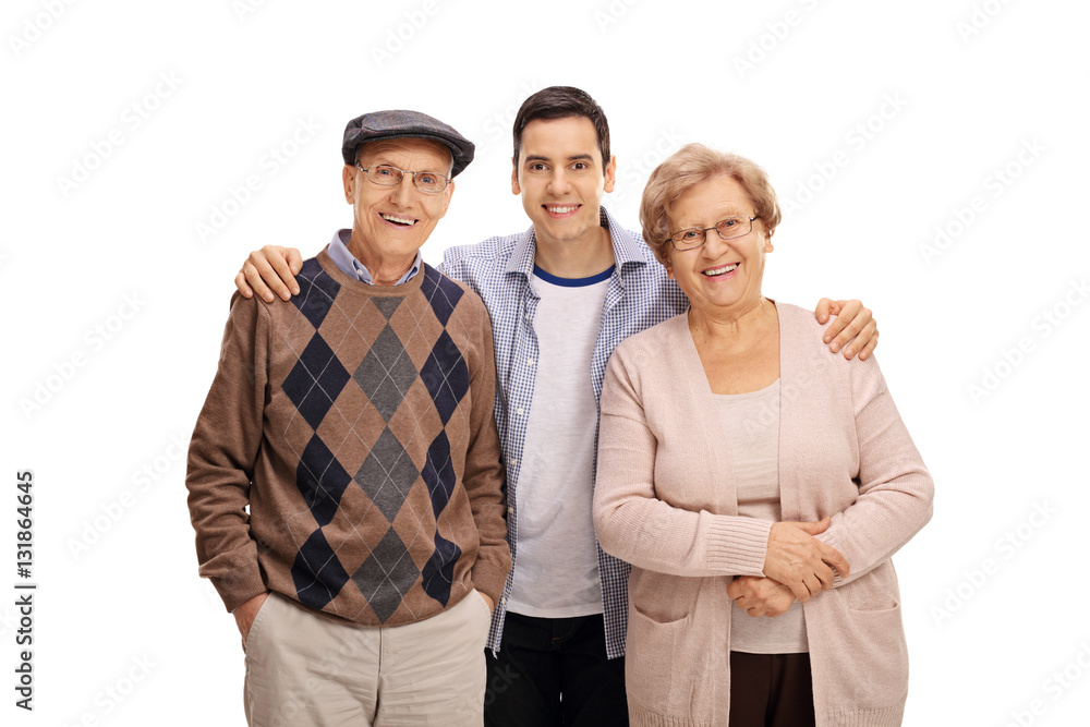 Sticker young guy with an elderly man and an elderly woman