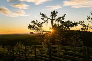 A beautiful landscape with a midnight sun above arctic circle. Dreamy scenery with light flares