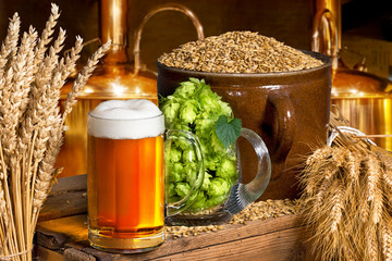 Beer glass with hops and barley in the brewery