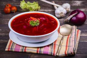Ukrainian and russian national food - red beet soup, borscht