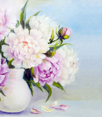 Obraz premium Peony pink flowers in a white vase. Oil painting illustration. Light floral background