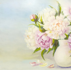 Peony pink flowers in a white vase. Oil painting illustration. Light floral background