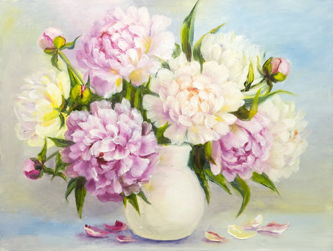 Peony pink flowers in a white vase. Oil painting illustration