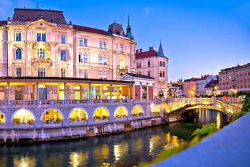 Ljubljana riverfront architecture evening view