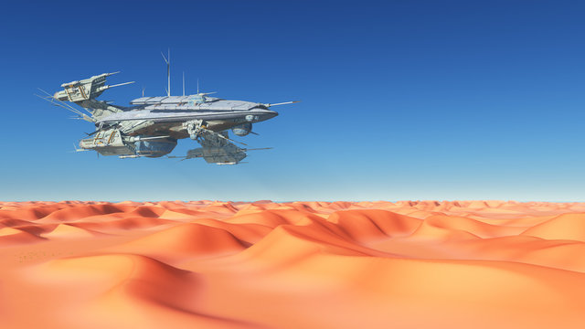 Großes Raumschiff über einer Wüste