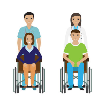 Disability people in wheelchair with a hospital stuff. Disabled man and woman with medical employee.