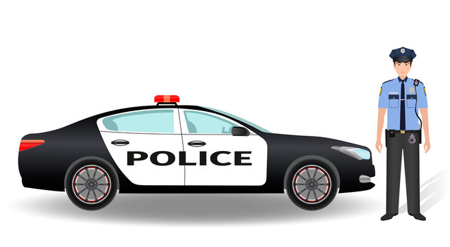 Police patrol car and policeman officer isolated on white background.