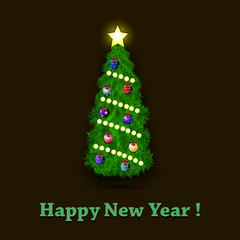 Happy New Year and decorated Christmas tree