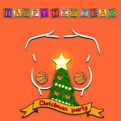 Naklejka premium Christmas tree, basketball ball and sketch of breast