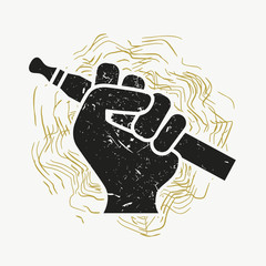 Vape Icon. Hand Holding E-cigarette. Vaping Symbol On Retro Grunge Background. Vaporize Pen Device In A . Vector Illustration.