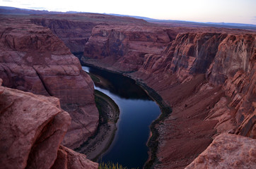 Colorado River seen from Horseshoe Bend, Arizona at Sunset with clear sky