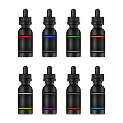 Vape Liquid Bottles. Set Photo Realistic E- Bottle Mock Up Of Different Flavor. Tastes  Electronic Cigarette. White Background. Vector Illustration.