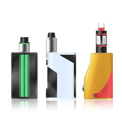Vape Mod Set. Electronic Cigarette With Juice. Colorful Vector Vaporize Device  Liquid Bottles On White Background. Trend New Culture. Illustration.