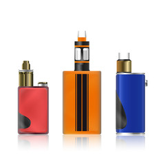 Vape Mod Set. Electronic Cigarette With Juice. Colorful Vector Vaporize Device  Liquid Bottles On White Background. Trend New Culture. Illustration.