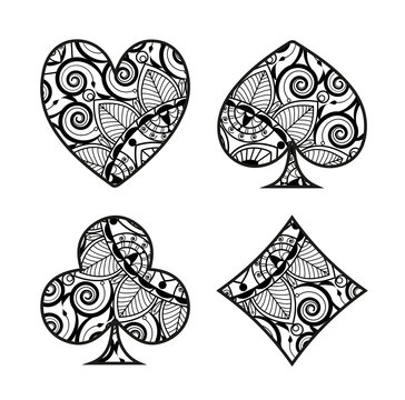 Vector illustration of playing card symbols mandala for coloring book, simboli di carte da gioco mandala vettoriali da colorare