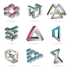 Impossible Shapes Set. Colorful Trendy Creative Figures With Optical Illusion. Paradox Elements. Unreal Geometrical Symbols In A Surreal Style. Vector Illustration - obrazy, fototapety, plakaty