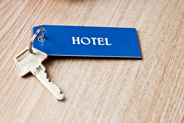 Hotel Key on the table with a blue tag