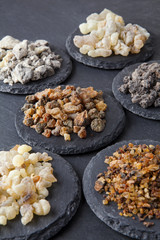 Various kinds of incense: myrrh, frankincense, messer, copaiba,elemi camonya