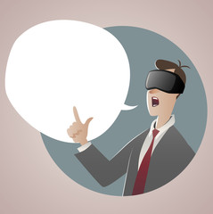 Businessman wearing glasses 3D virtual reality talking about it. Speech Balloon. Vector Illustration cartoon style.