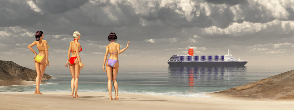 Frauen im Bikini am Strand und vorbeifahrendes Kreuzfahrtschiff