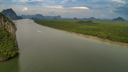 Aerial view Phang Nga Bay Marine National Park protected and of international ecological significance wetlands forestation, Thailand