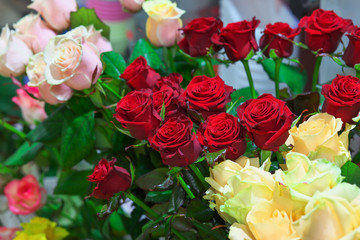 Beautiful colorful roses for sale at a florist's shop.