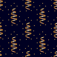 Seamless pattern of golden streamers and confetti on dark blue background. Costume party background.