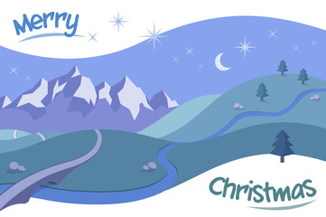 Retro Landscape with a Christmas Message - Merry Christmas! A beautiful moonlit scene with mountains rising above rolling hills, and a clear starry sky above.