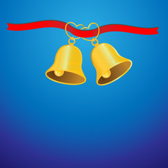 Golden wedding bell and red ribbon background