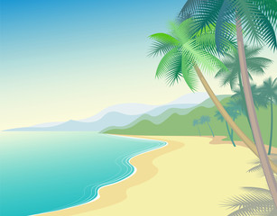 Coastal sandy beach palm trees. Vector
