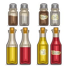 Vector illustration Set glass Shakers for salt and pepper, classic shiny bottles olive oil and red wine vinegar, vintage decor saltcellar, set containers for condiments, half shaker spices with label.