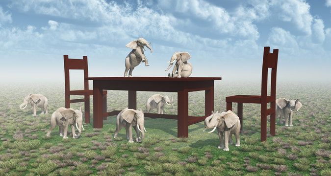 Tisch, Stühle und zwergenhafte Elefanten