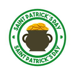 seal stamp of Saint Patricks Day concept with pot with gold coins icon over white background. colorful design. vector illustration