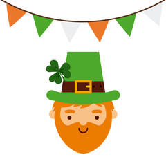 irish leprechaun face icon and decorative pennants. Saint Patricks Day concept. colorful design. vector illustration