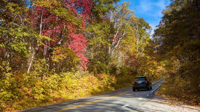 An SUV Driving Up the Scenic Highway 276 during Fall with Autumn Colors and a Blue Sky Near Asheville and Brevard in the Blue Ridge Mountains of Western North Carolina