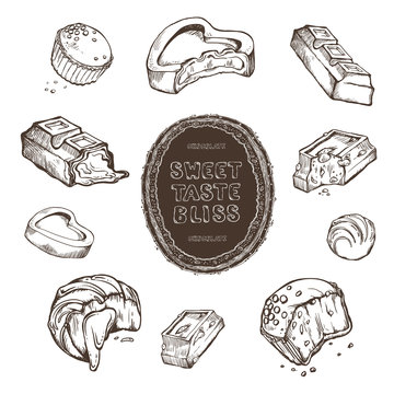 Vector set of hand-drawn sketches bitten chocolates. handmade frame and letters