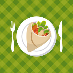 plate with wrap with vegetables over green background. colorful design. vector illustration