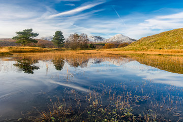 Fototapeta na wymiar Beautiful reflections at Kelly Hall Tarn in the English Lake District on a sunny Autumn afternoon.